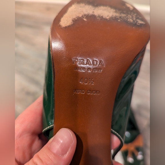 PRADA Vintage Slingback Heels Green and Tan Patent Leather Size 40 1/2 Dust Bags - Picture 5 of 17